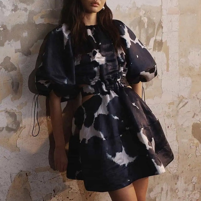 Aje Oxidised Puff-Sleeved Cutout Linen-Blend Mini Dress Navy Blue Size Us 2 Au 6
